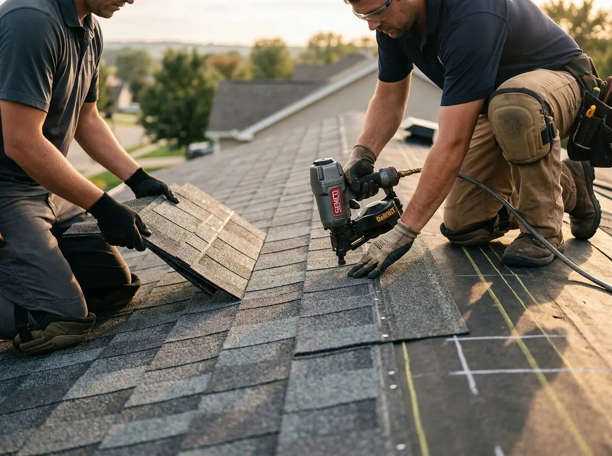 Professional roofer working on a residential roof in Baker City